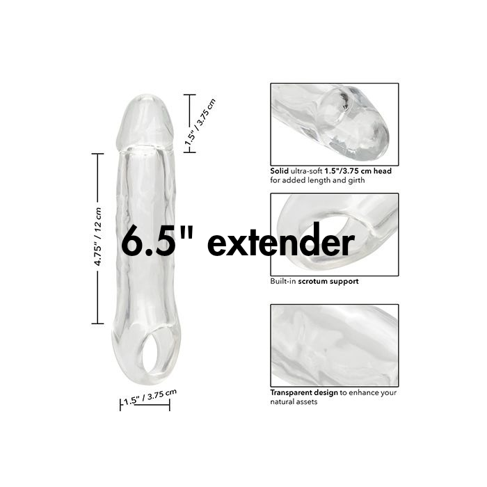A clear 6.5" A Little More Extender Bedroom Toy by Euforia against a white background showing the dimensions and three close up images.