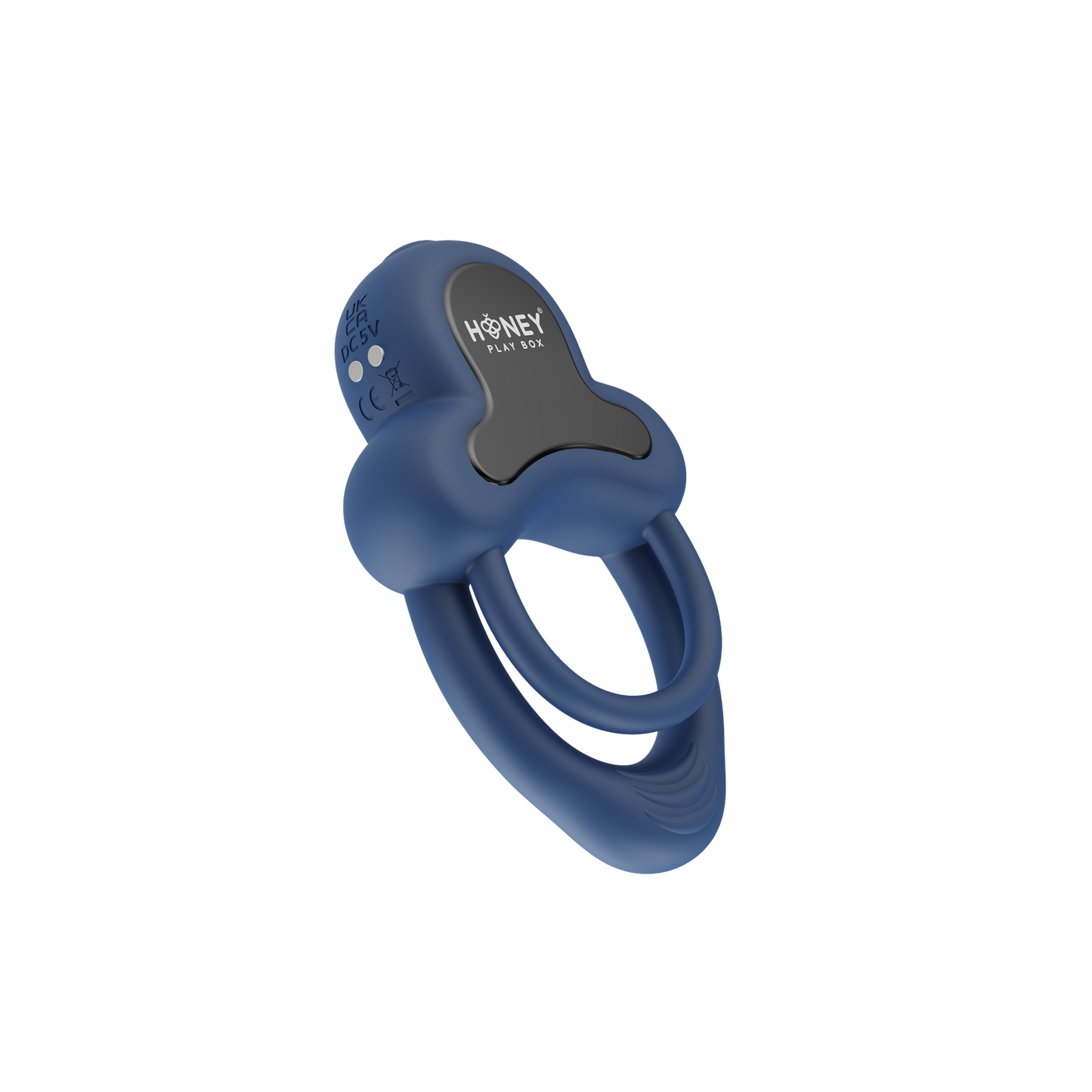 A dark blue Anello Honey Play Box cock ring.