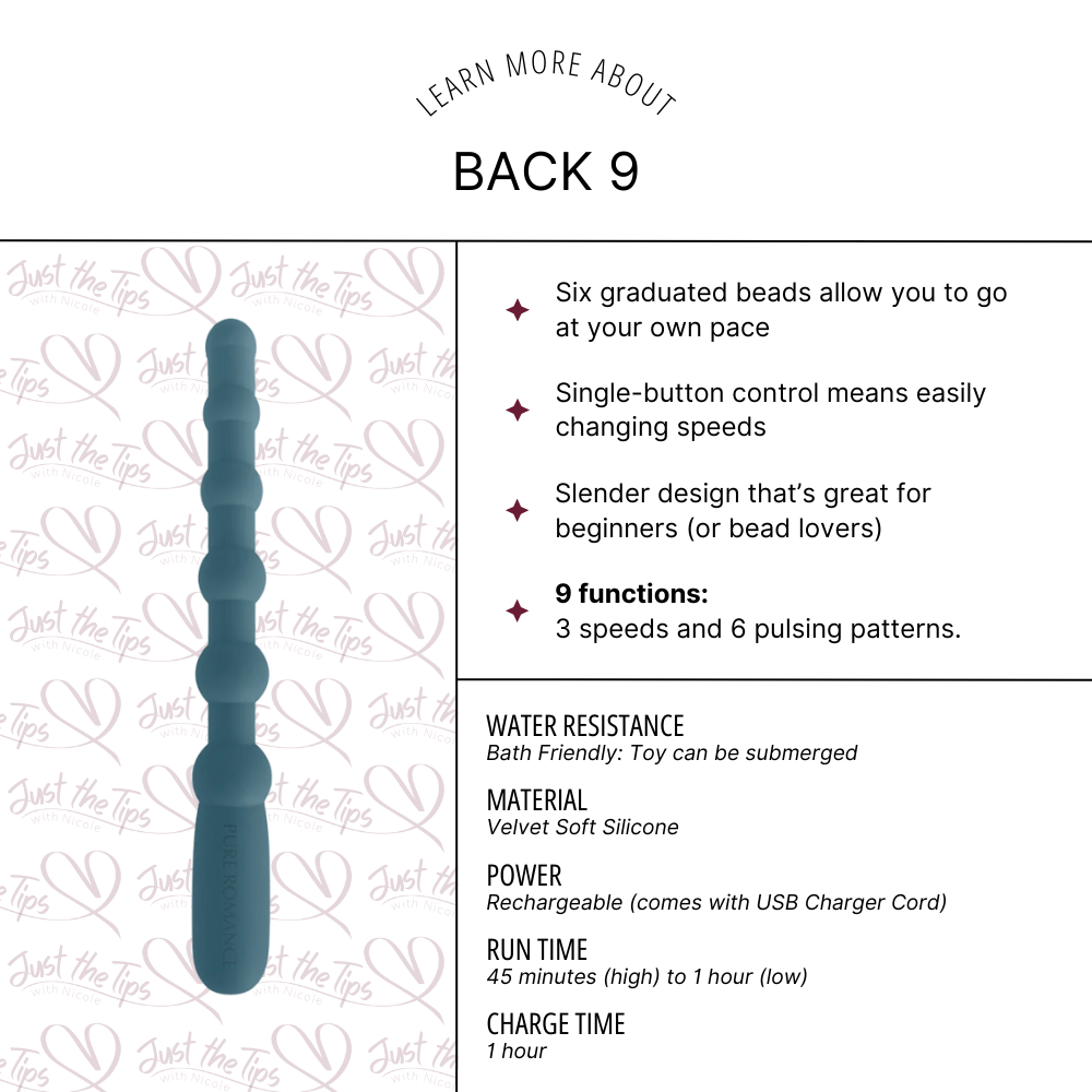 Back 9 by Pure Romance on white background showing it's capabilities.