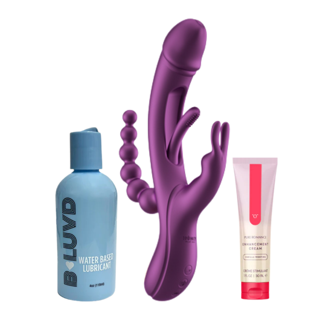 A blue bottle of BLuvd Water Based Lubricant next to a Purple Trilux Vibrator and a tube of "O" Enhancement Cream.
