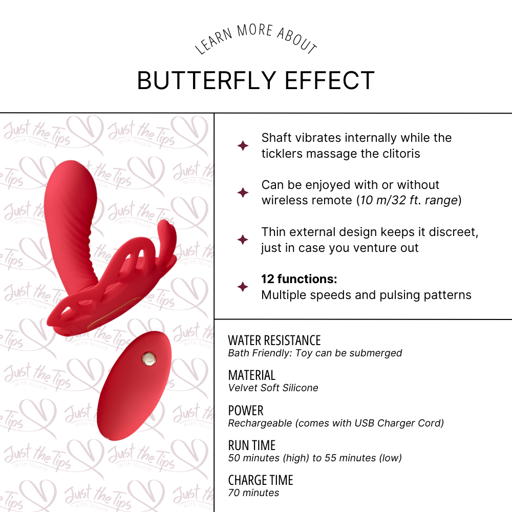 A red Butterfly Effect pany vibrator by Euforia with the remote on a fact sheet showing functionality.