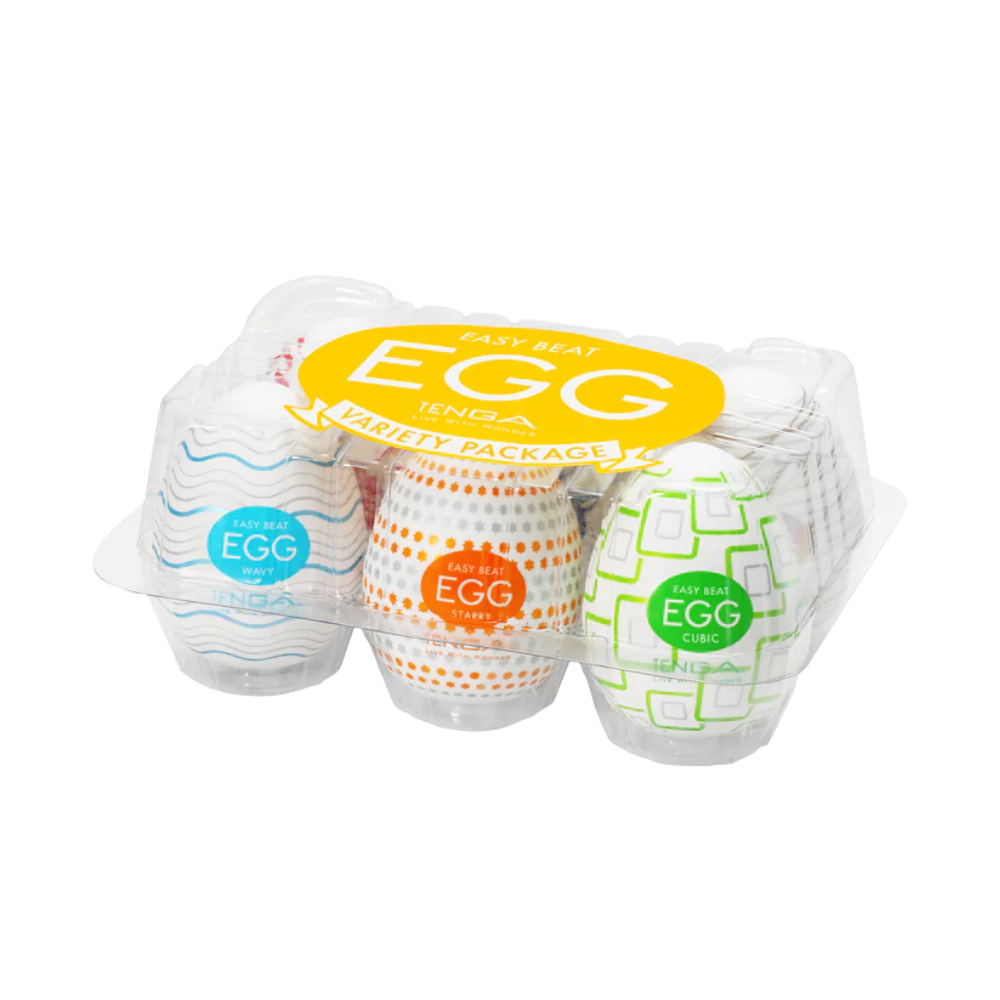 Assorted egg cartons with colorful labels on a white background