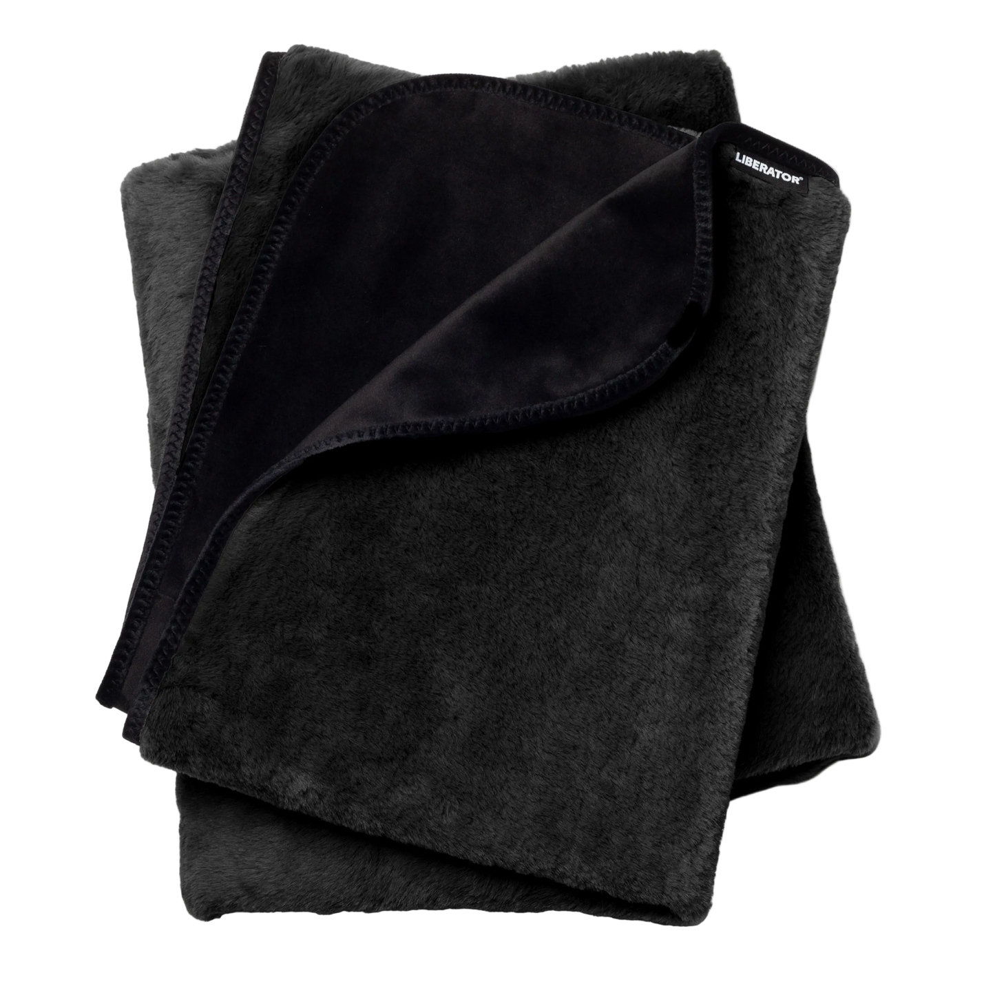 A black faux fur Fascinator Splashproof Throws, Bedroom Furniture by Liberator against a white background.