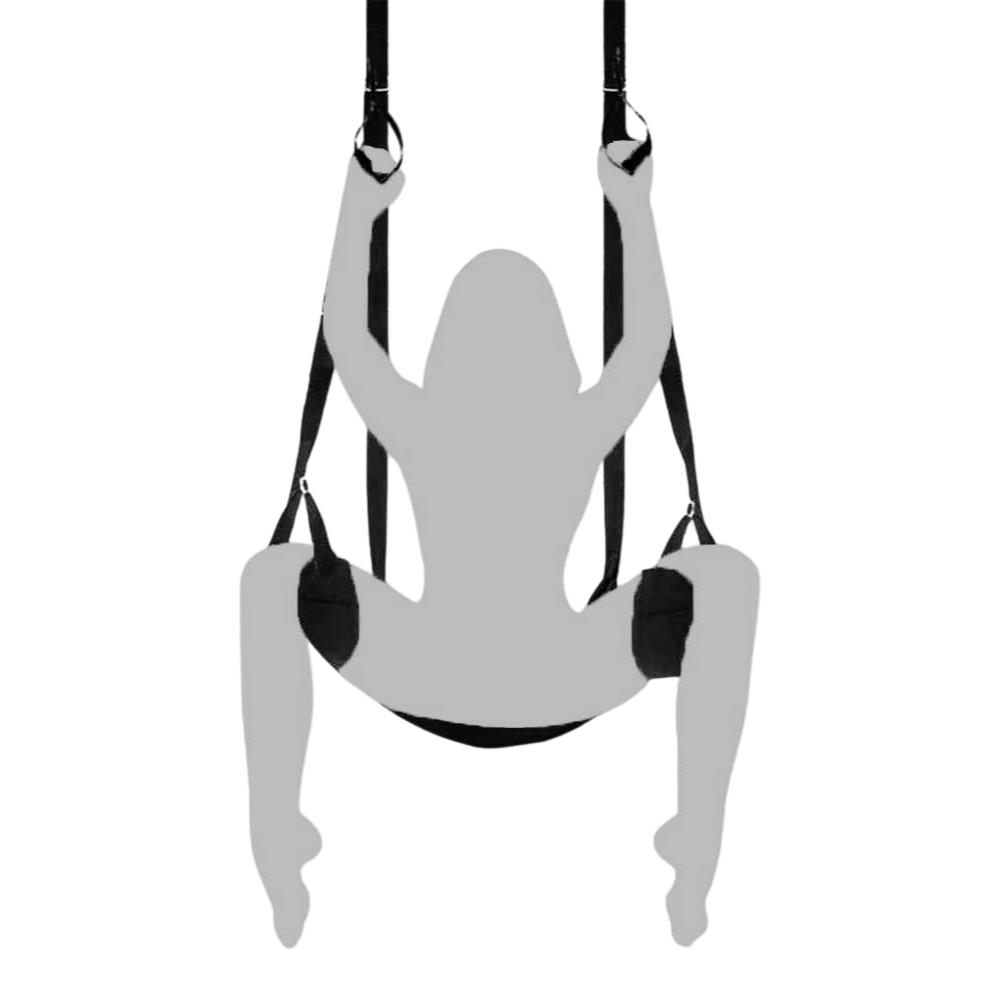 The white outline of a woman in a black Frequent Flyer Door sex swing holding onto the handles and thighs in the straps.