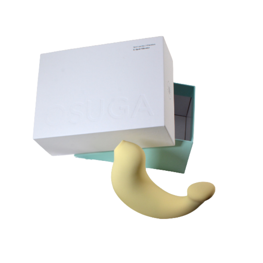 A yellow G-Spa vibrator sitting next to the box.