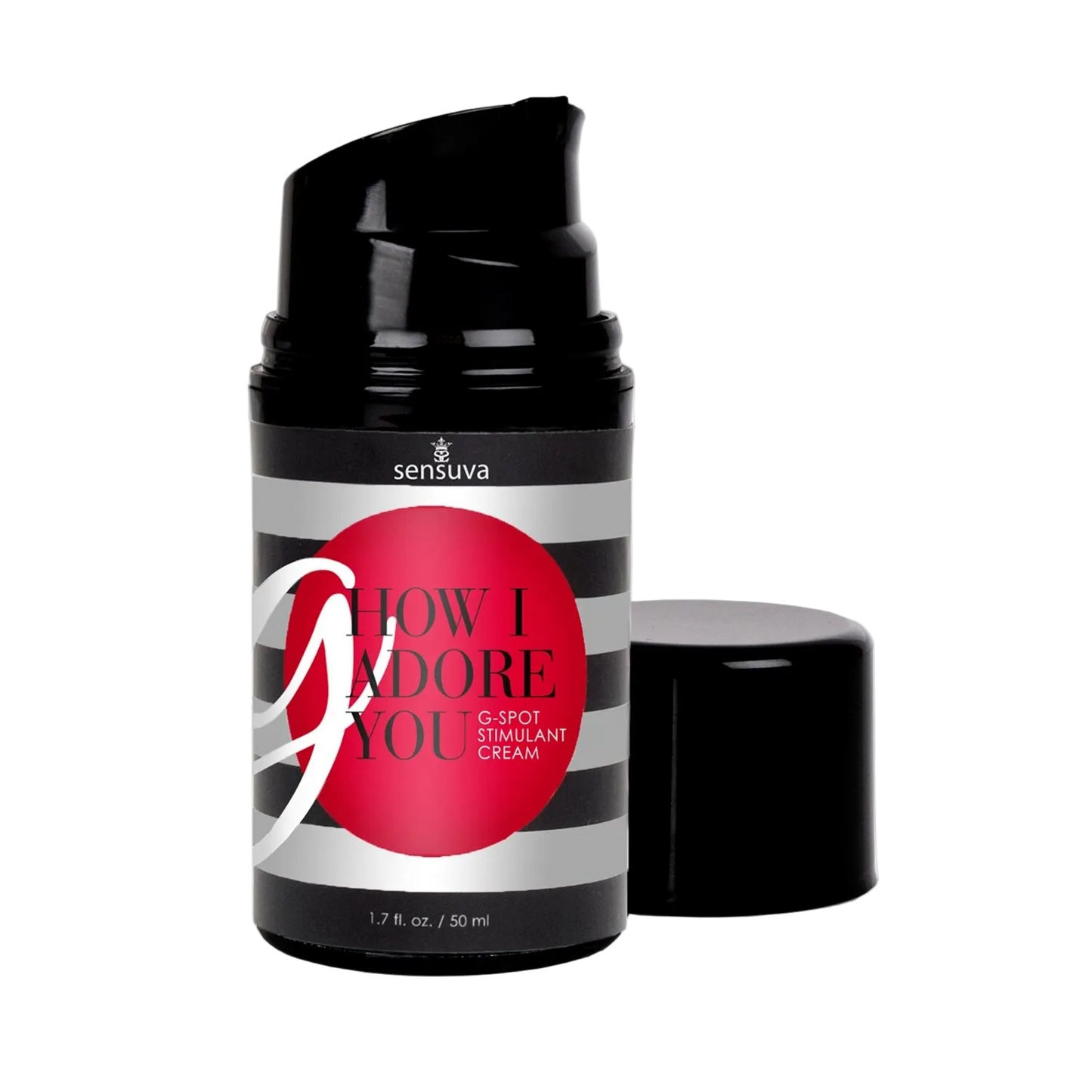 Sensuva G How I Adore you enhancement cream product container with black lid and striped label with its lid off sitting beside it.