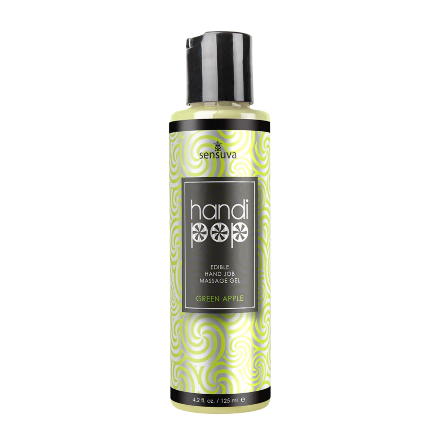 A green and white bottle of Handipop green apple Eidble Hand job massage gel by Sensuva.