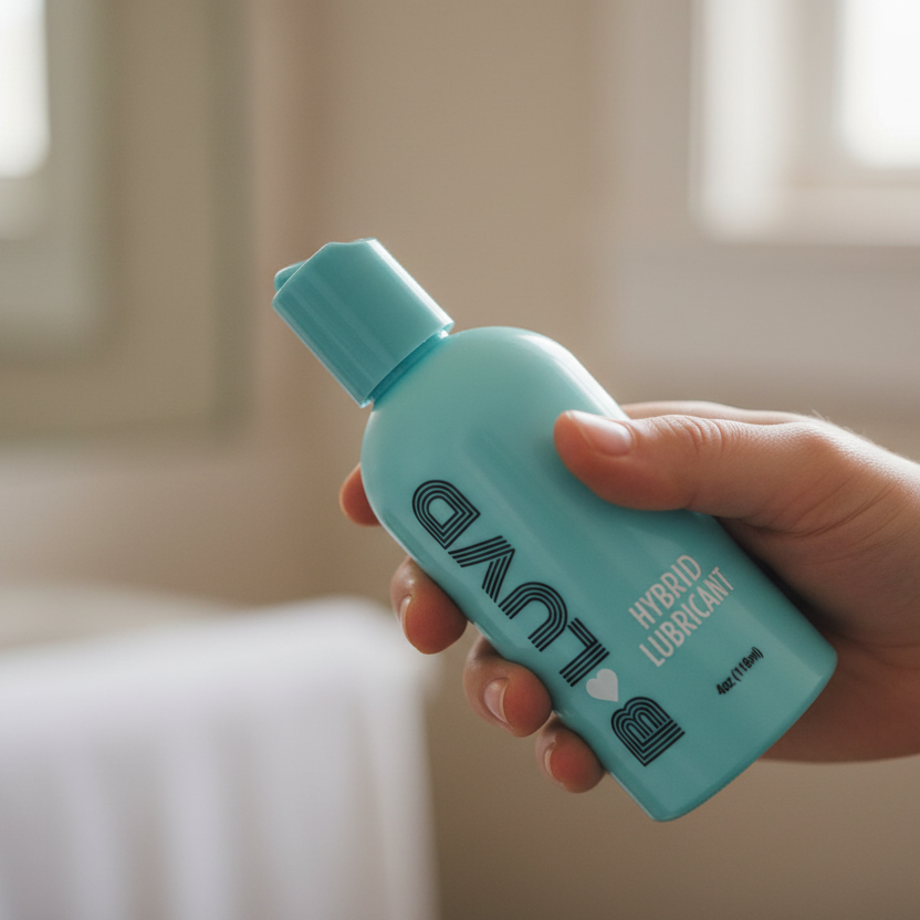 Teal bottle of lubricant in a hand