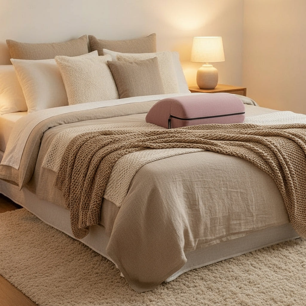 A rose colored Jaz Motion, Bedroom Furniture position wedge by Liberator on a bed.