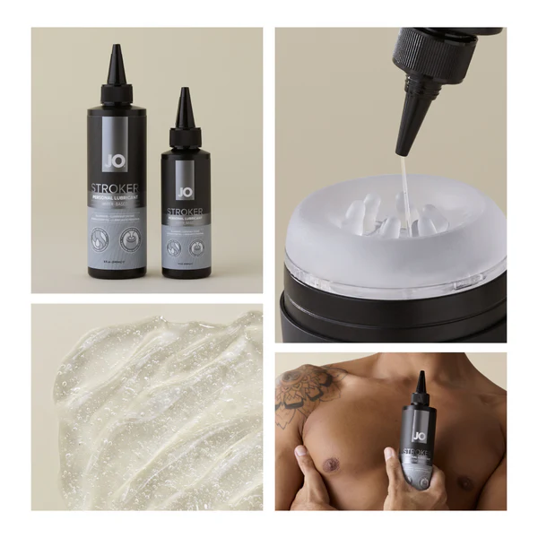 Four images of JO Stroker lubricant showing the sizes and consistency.