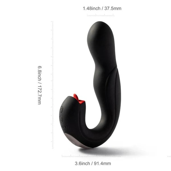 A black Joi Pro Vibrator by Honey Play Box against a white background showing the measurements.