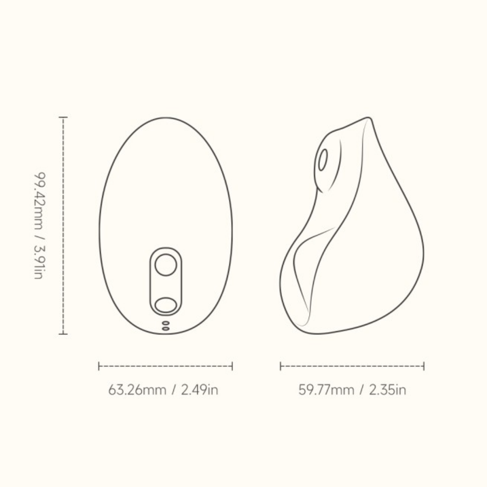 An outline of a Kiss dual-tapping vibrator by Liberator against a white background showing the dimensions.