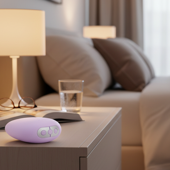 Purple Mimi Soft oval-shaped product laying on its side on a bedside table.
