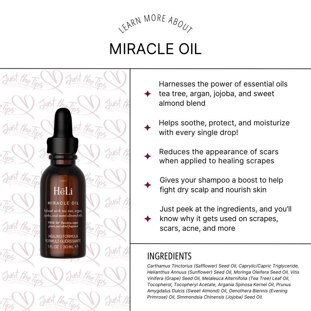 A brown bottle of Miracle Oil by Euforia against a white background showing the description and ingredients.