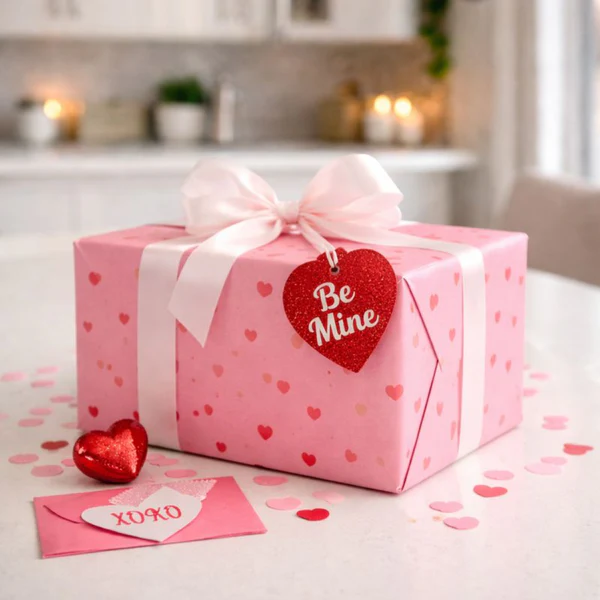 A pink gift box sitting on a table with a tag that says Be Mine.