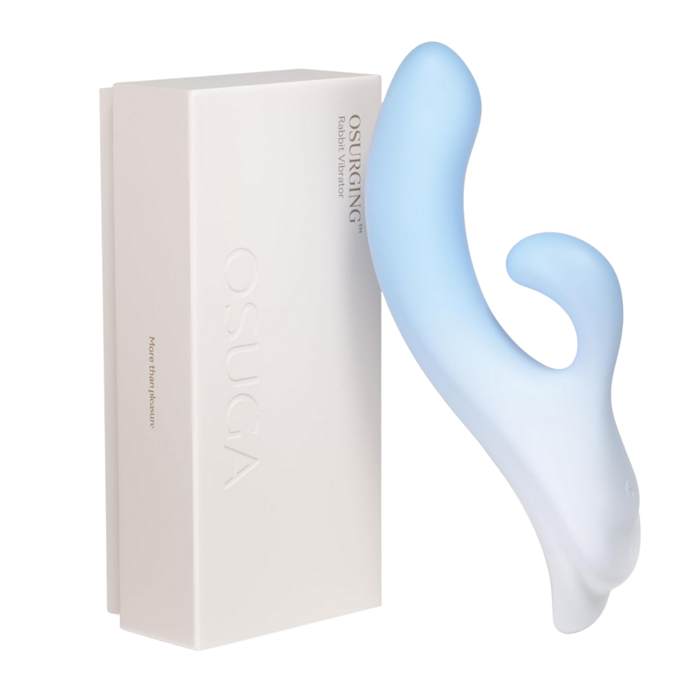 A blue Osurging Rabit Vibrator by Liberator sitting next to the box.