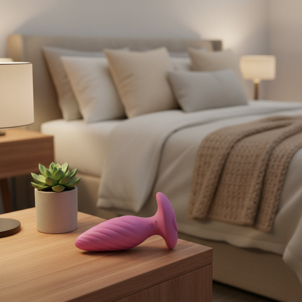 Pink silicone butt plug in a cozy bedroom setting.