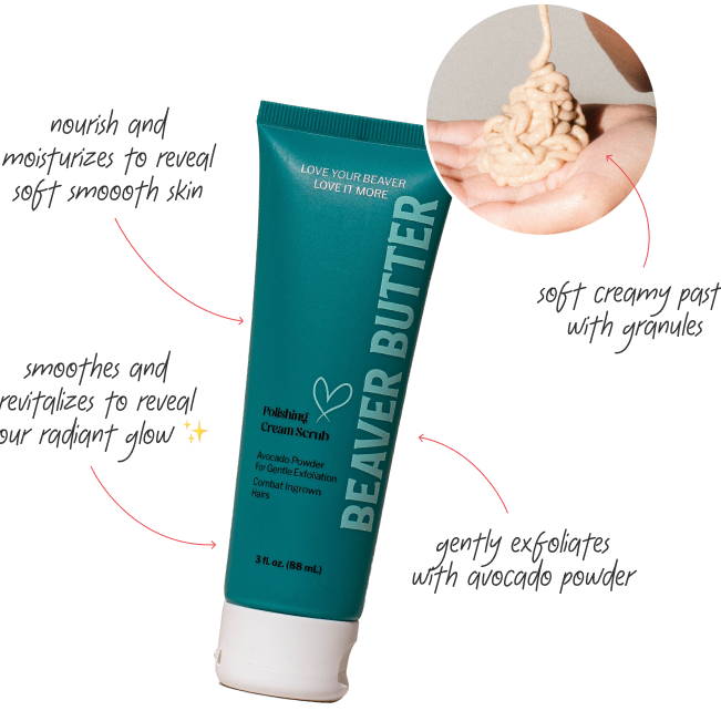 A teal bottle of Polishing Cream Scrub by Beaver Butter with a close up of the cream in a hand.