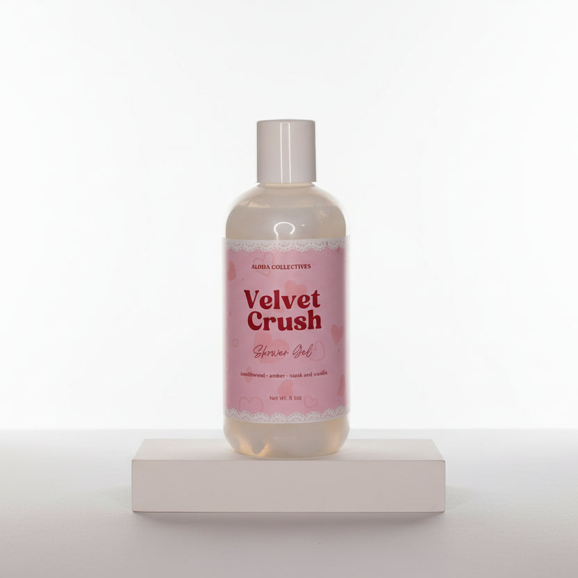 Bottle of 'Velvet Crush' shower gel and bubble bath with a pink label on a white background.