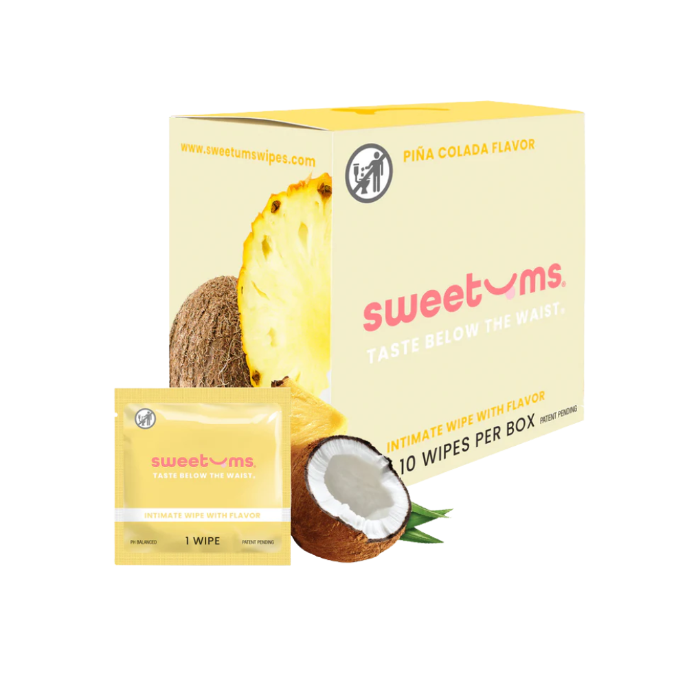 A box and individual package of pina colada flavored intimate wipe for her by Sweet Ums.