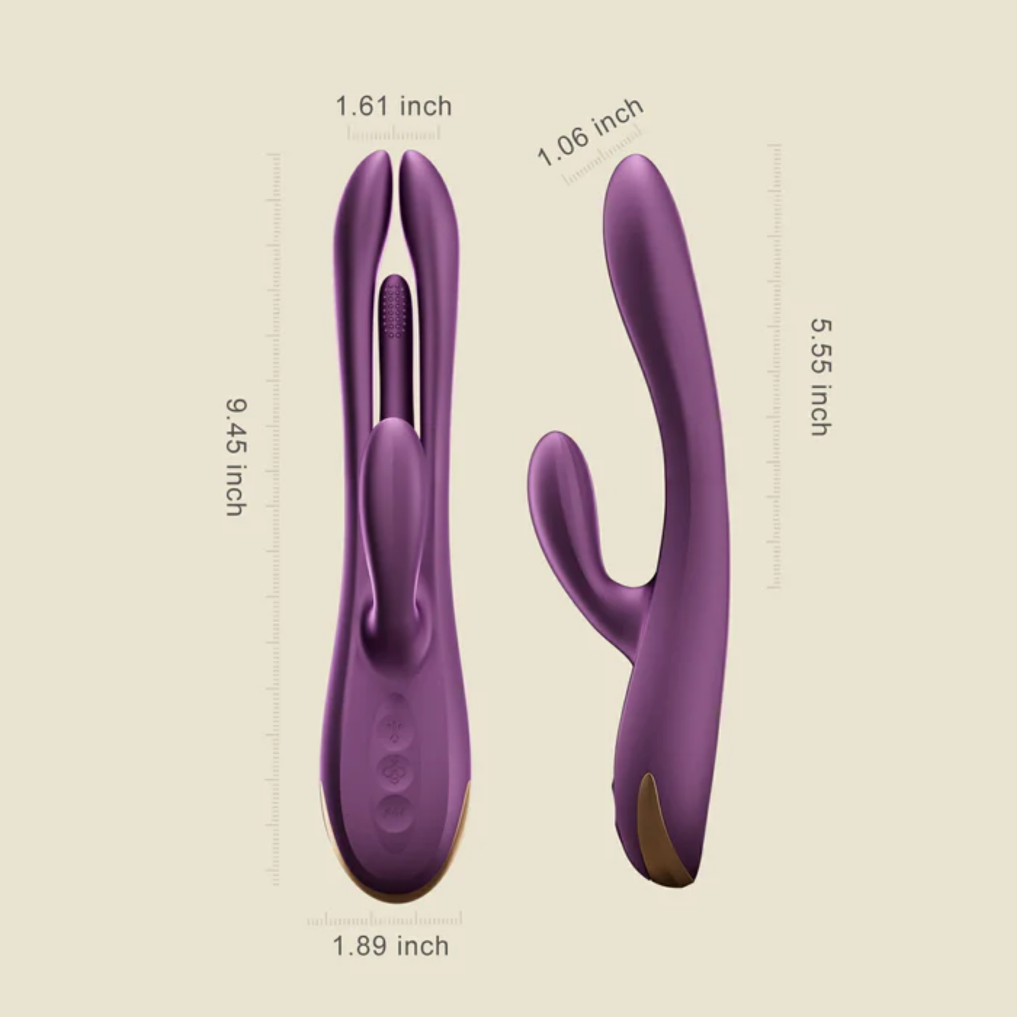 A purple dual-Action Terri vibrator against a white background showing the dimensions.