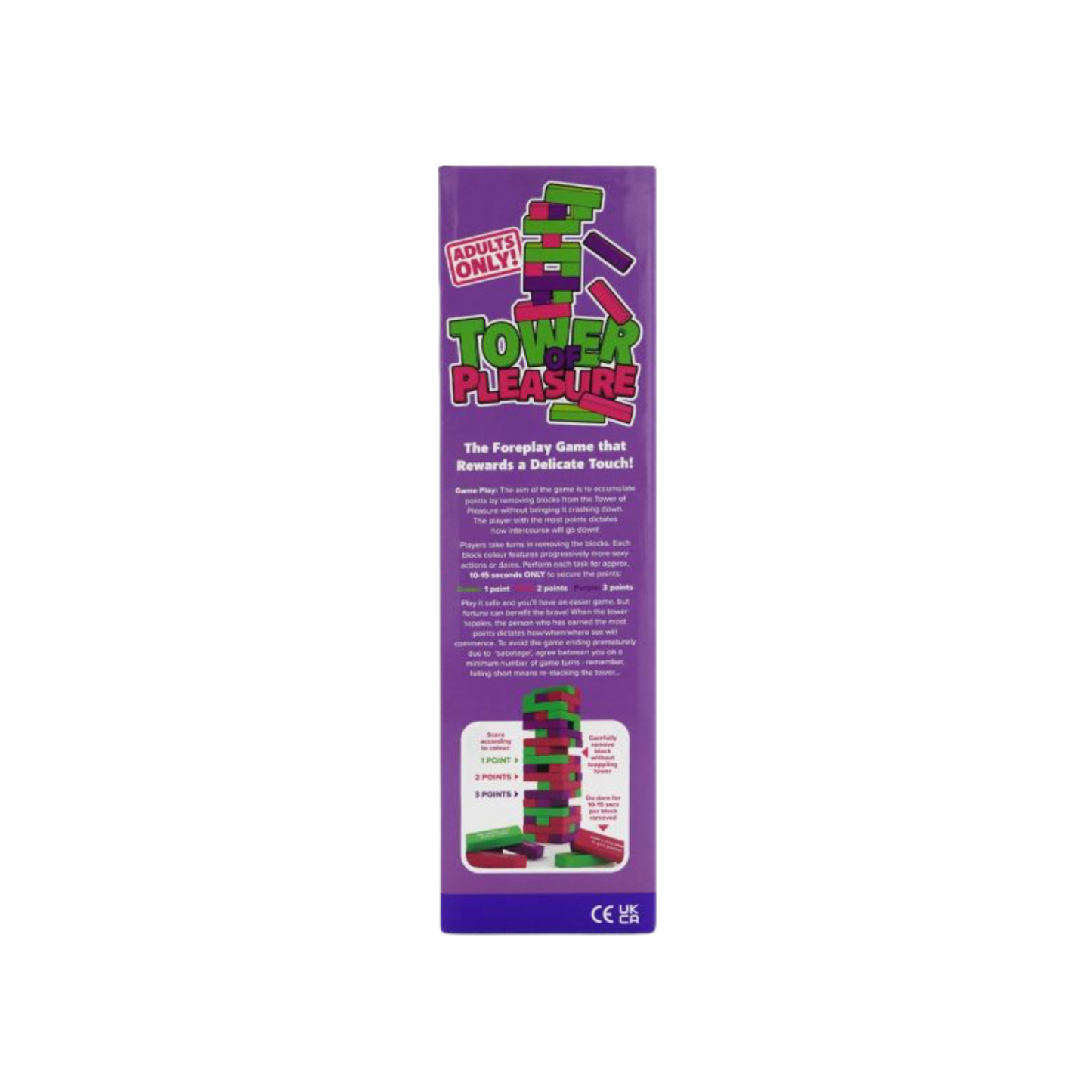 The back of the Tower of Pleaure Jenga sex game box.