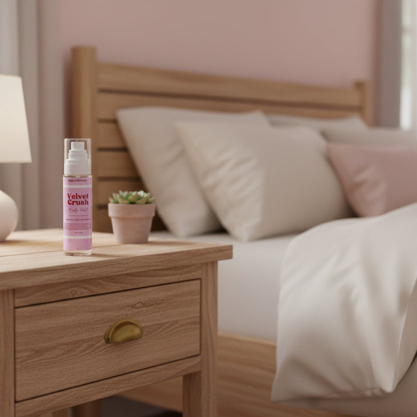 A bottle of Velvet Crush from Aloha Collectives body mist on a pink background.