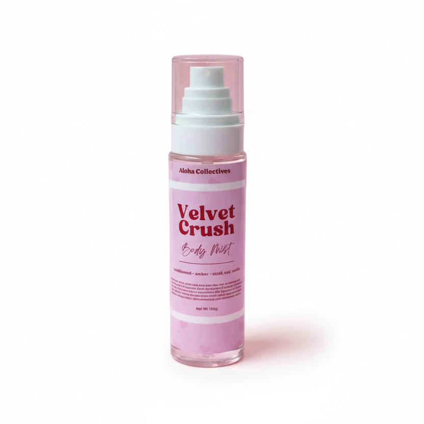 A bottle of Velvet Crush body mist from Aloha Collectives on a white background.