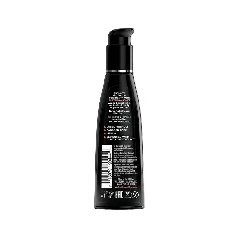 Back of a Black bottle of Wicked Birthday Cake Water-Based Lubricant showing details and ingredients