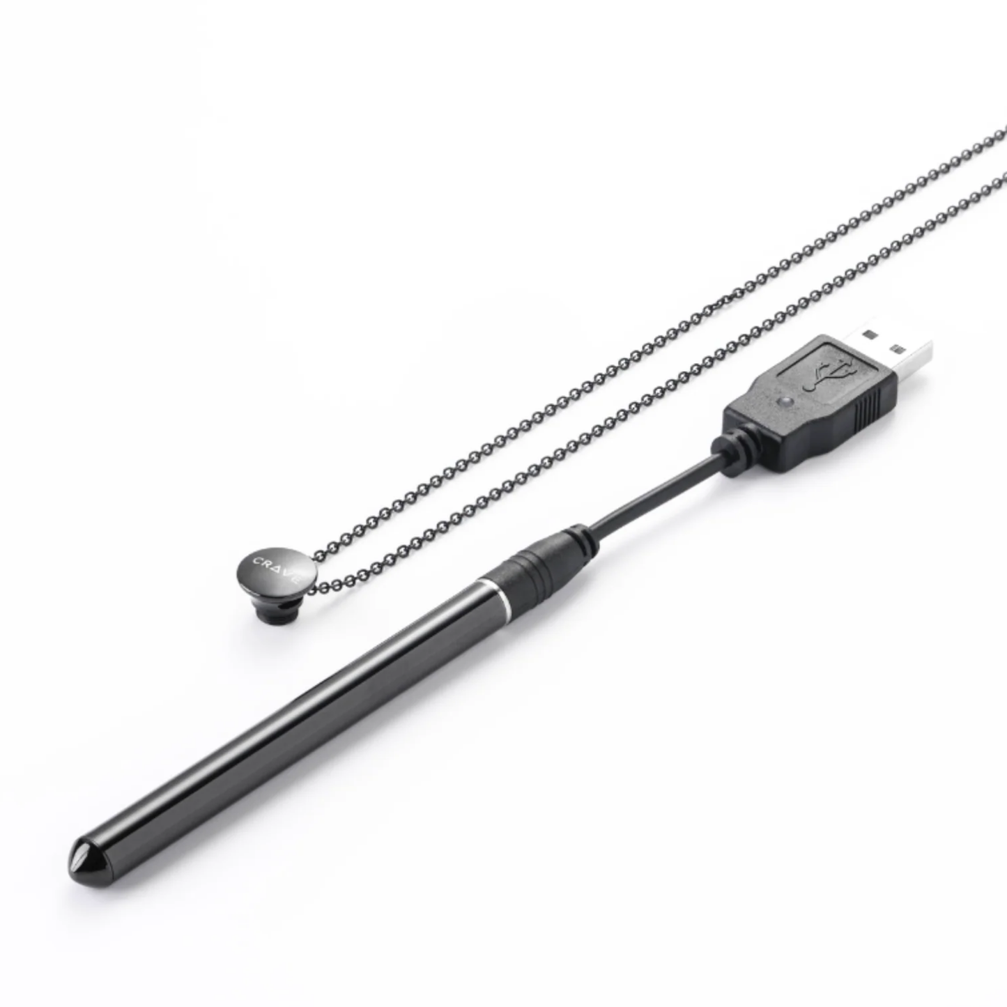 Black USB device with chain on a white background