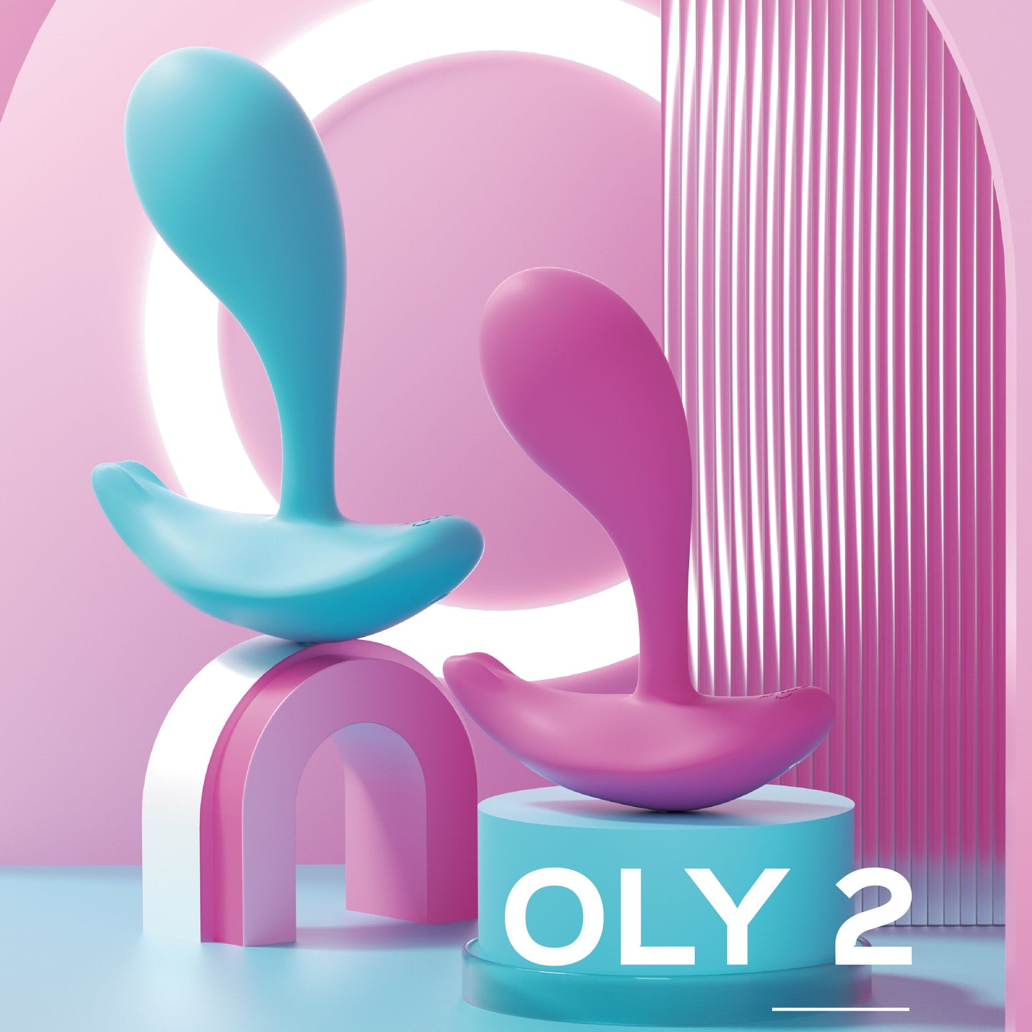 Two vibrators, one blue and one pink, on stands with 'OLY 2' branding against a pink and blue abstract background.