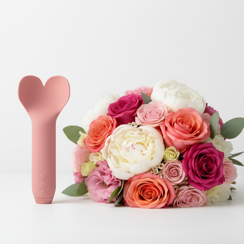 A rose colored Amour Bullet by Je Joue with the heart top next to a bouquet of flowers