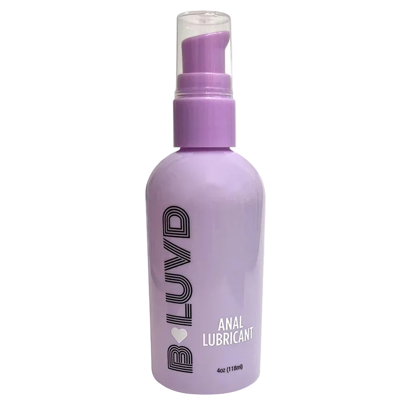 Purple bottle of B Luvd Anal Lubricant on a white backgroun