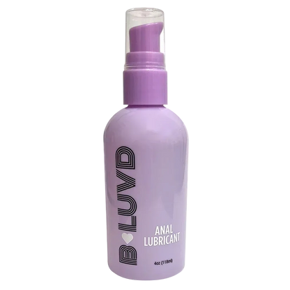 Purple bottle of B Luvd Anal Lubricant on a white backgroun