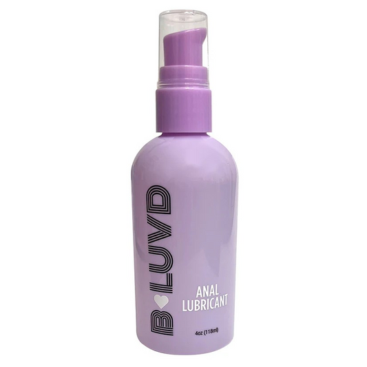 Purple bottle of B Luvd Anal Lubricant on a white backgroun