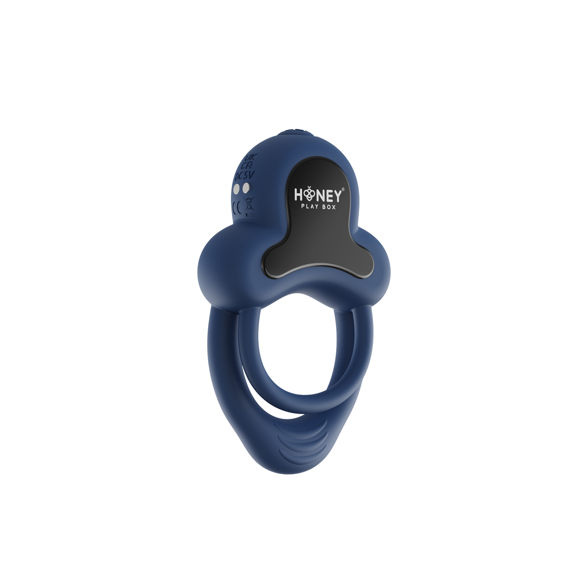 A dark blue Anello Honey Play Box cock ring.