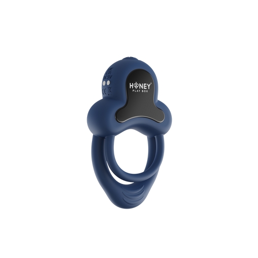 A dark blue Anello Honey Play Box cock ring.
