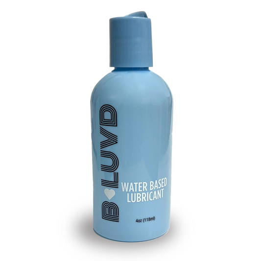 Blue bottle of BLUVD water-based lubricant on a white background