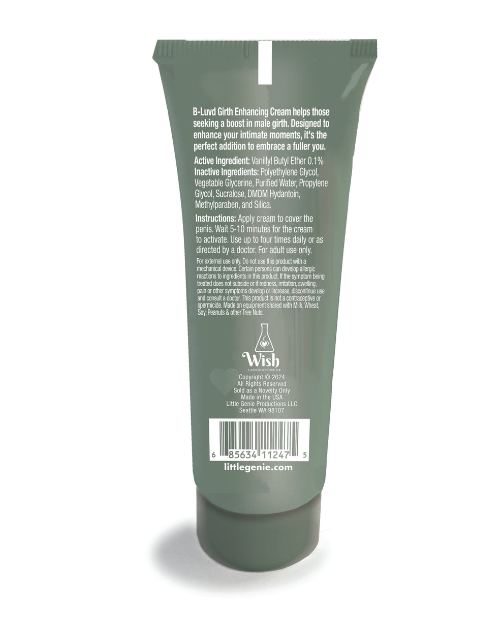 The back of a green bottle of B Luvd Girth Enhancement Cream showing the ingredients and instructions against a white background.