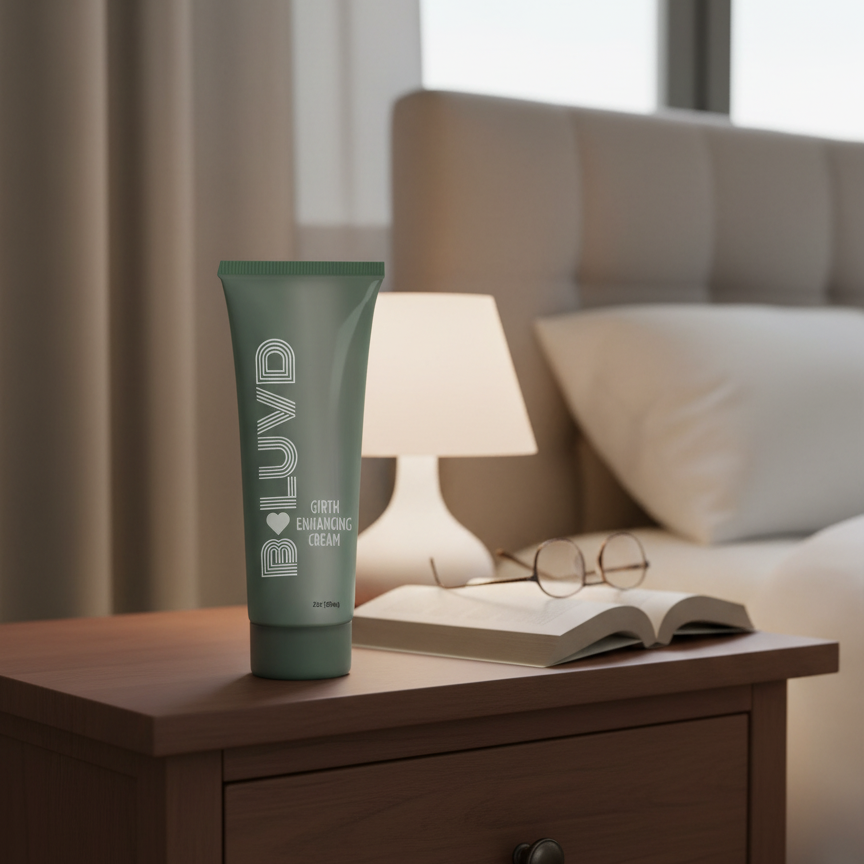 A green bottle of B Luvd Girth Enhancement Cream sitting on a bedside table next to a book.