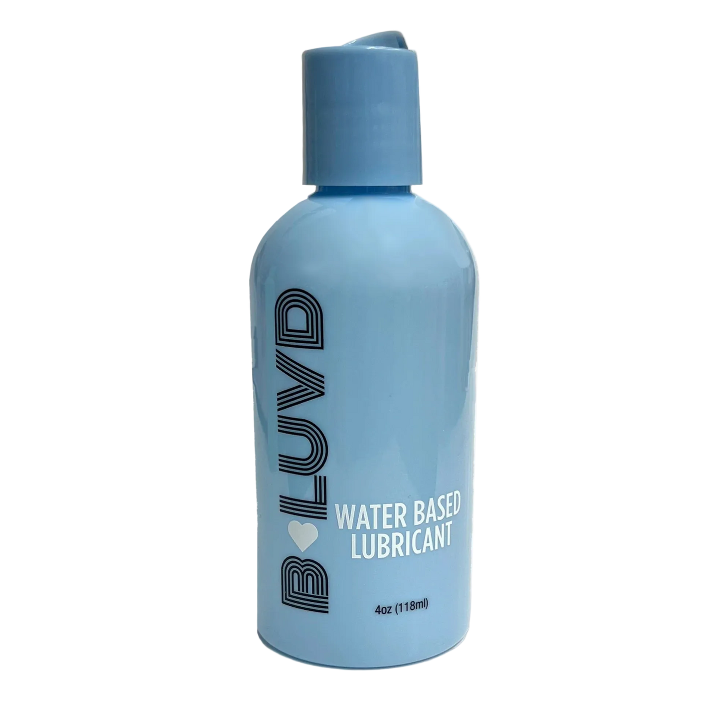 Blue bottle of BLUVD water-based lubricant on a white background