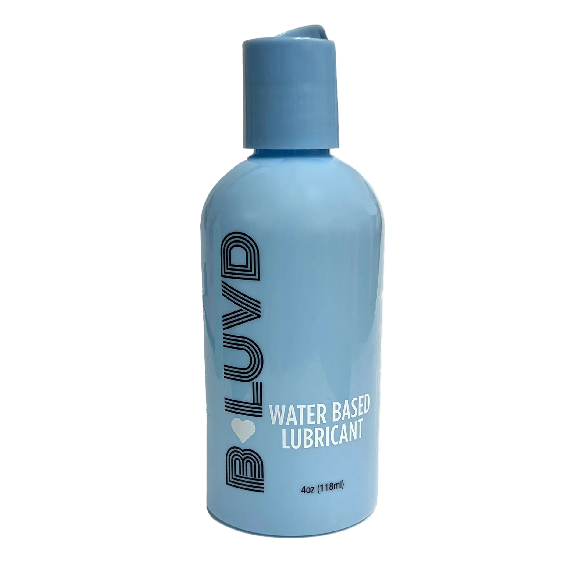 Blue bottle of BLUVD water-based lubricant on a white background