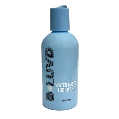 Blue bottle of BLUVD water-based lubricant on a white background