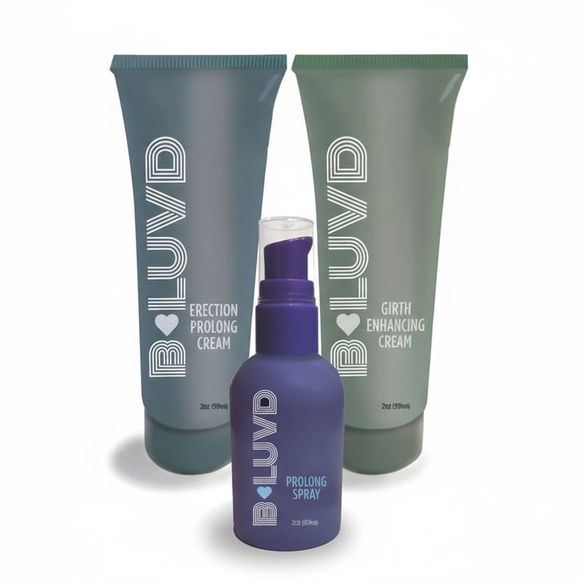 Three BLUVD products including a spray bottle and two tubes on a white background