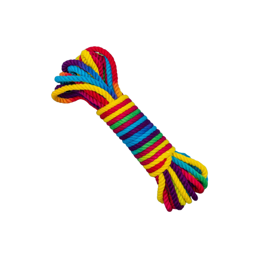 A bundle of rainbow colored bamboo silk bondage rope.