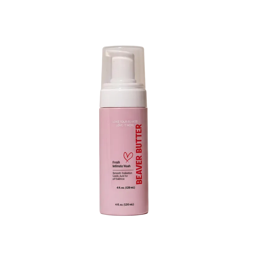 A pink bottle of Beaver Butter Intimate Wash by ECN against a white background.