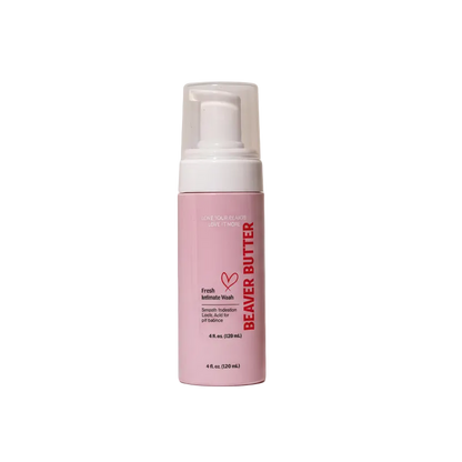 A pink bottle of Beaver Butter Intimate Wash by ECN against a white background.