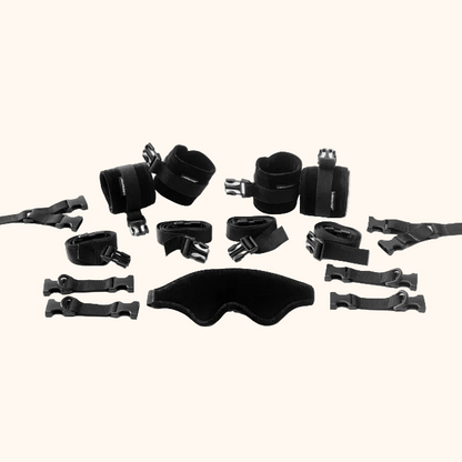 Black Bed Buckler, Bedroom Furniture by Liberator pieces laid out on white background.