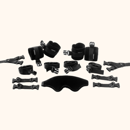 Black Bed Buckler, Bedroom Furniture by Liberator pieces laid out on white background.