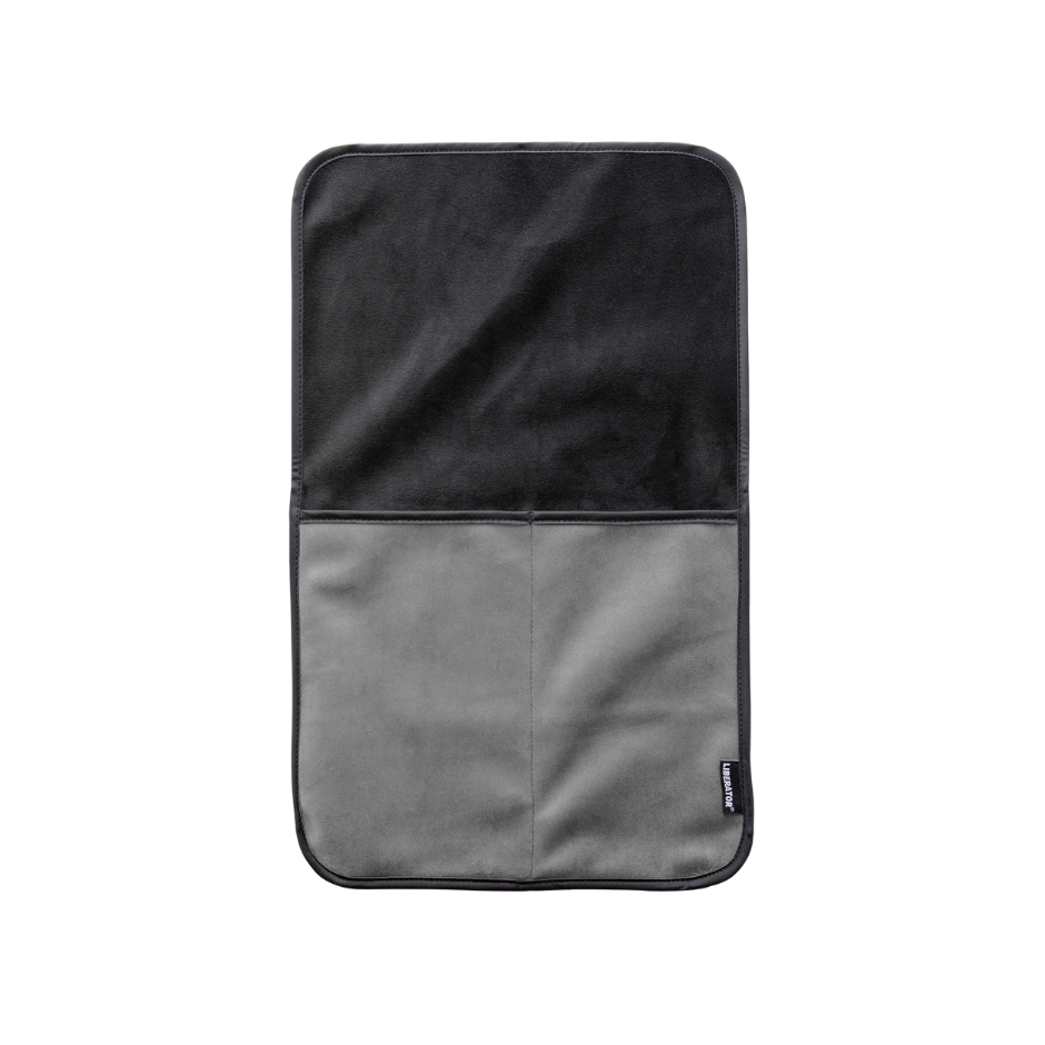 A grey bed caddy by Fascinator.